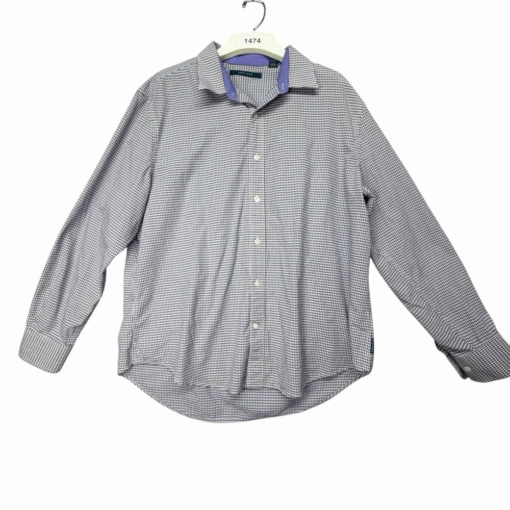Perry Ellis Men's Button Down Shirt Blue White Check Cotton Long Sleeve Dress XL